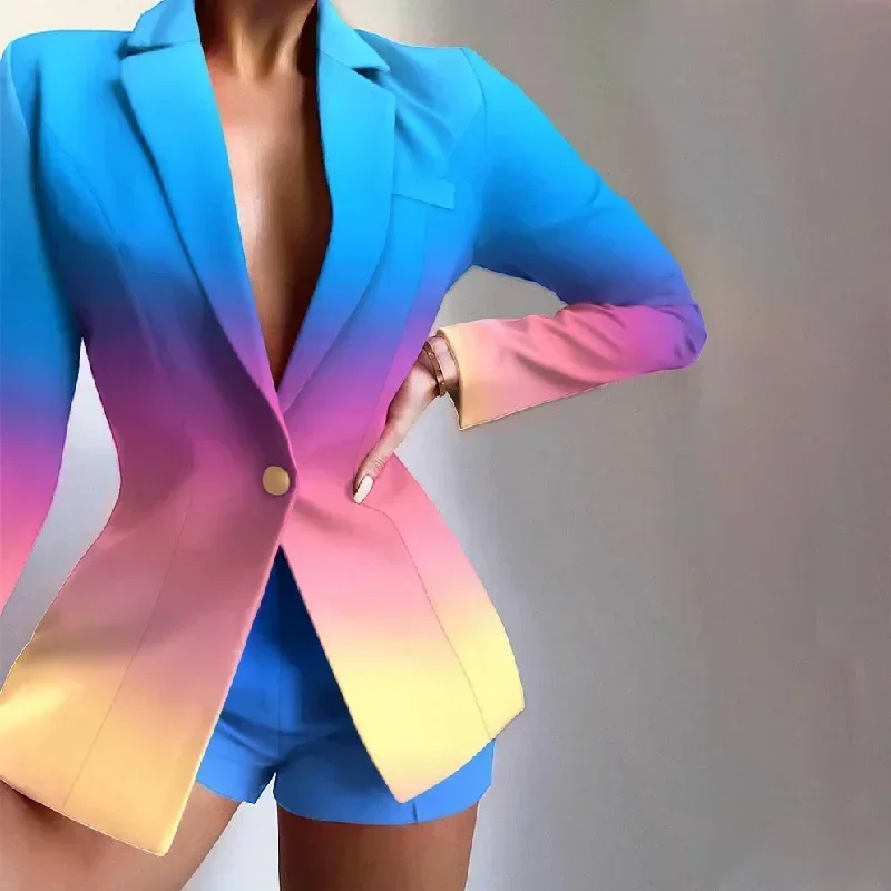 Guwu Fashion Spring Print Dámska súprava s dlhým rukávom Blazer Top Shorts Suit Elegant s dvom
