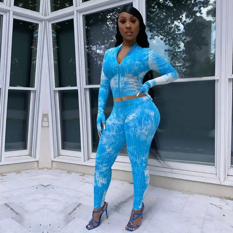 Guwu Print Dámske stopy po stopách s dlhým rukávom zips a nohavice na nohavice Sport Spotsuit Dvojdielne sada Active Yoga Outfits