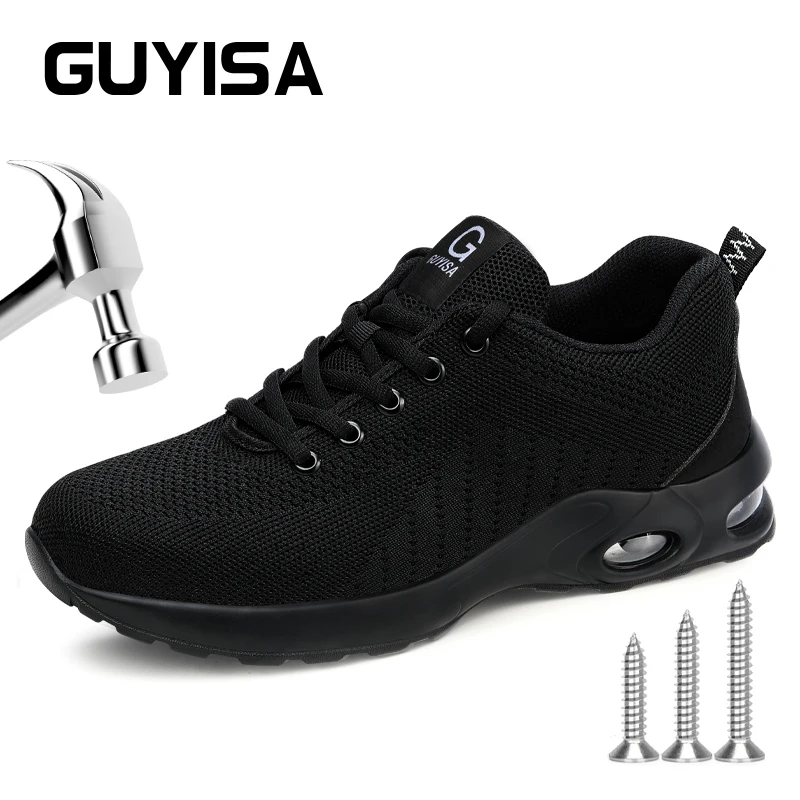Guyisa Four Season bezpečnostné topánky, anti -Smashing a Anti Piercing Steel Toe, čierna príležitostná pracovná funkčná obuv