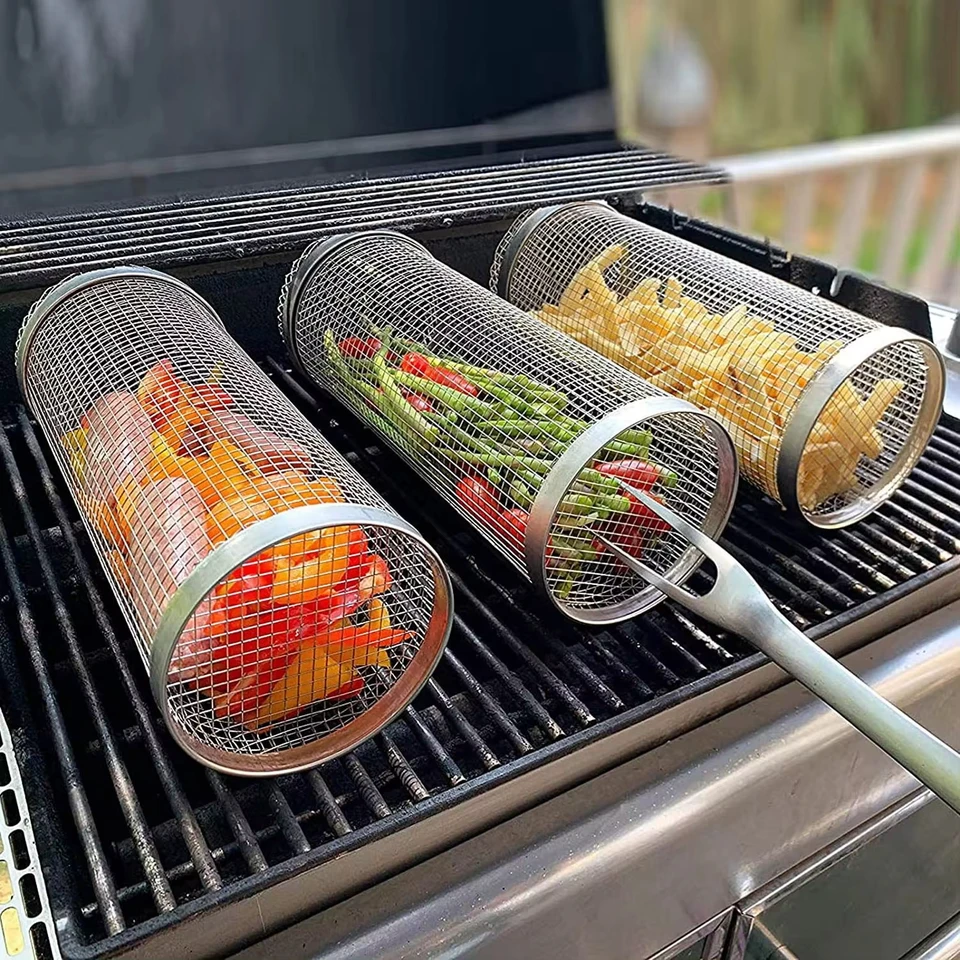 Guľatý rotisserie kôš BBQ z nehrdzavejúcej ocele údená sieť BBQ bubn chilli pražička bubna päta pečie valcový grilový kôš