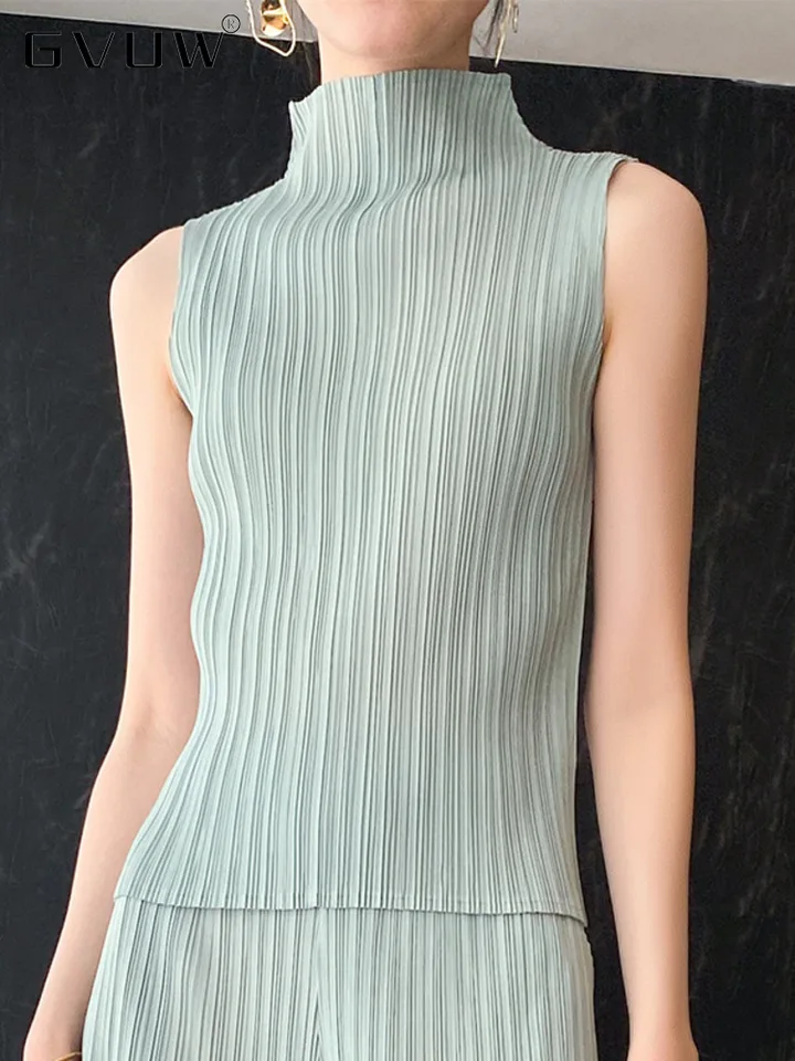 GVUW Dámske skladané tričko bez rukávov Skinny Turtleneck Pulllover Solid Color Slim Fit 2025 letná ženská módna top 17D586