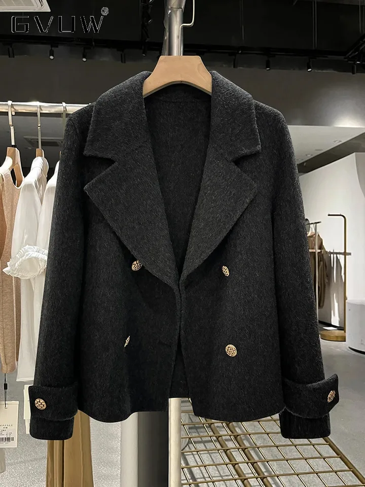 GVUW Fashion Woolen Coats Ženy vopred plné rukávy Dvojitá kreslená pevná farba nová 2025 Outwear Elegantné oblečenie 17g7872