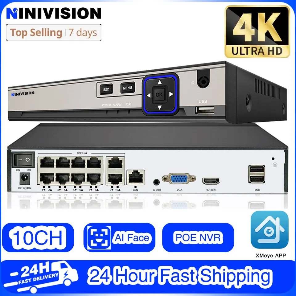 H.265 10ch 8ch Poe NVR pre IP Security Decveillance Camera CCTV Systém 8MP 4K 24/7 Nahrávanie Video rekordér AI Detekcia tváre