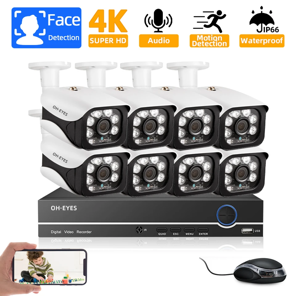 H.265 8ch 4K Poe NVR Kit Kit Audio Record CCTV Security Camera System 8MP Vodotesná IP guľka videozáznamu Set XMEYE XMEYE