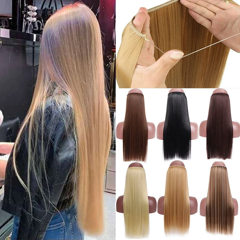 H & hviezda 24 palcov dlhé syntetické predlžovanie rovných vlasov Žiadny klip účes blond čierny dámsky rybí linka Falošné príčesky