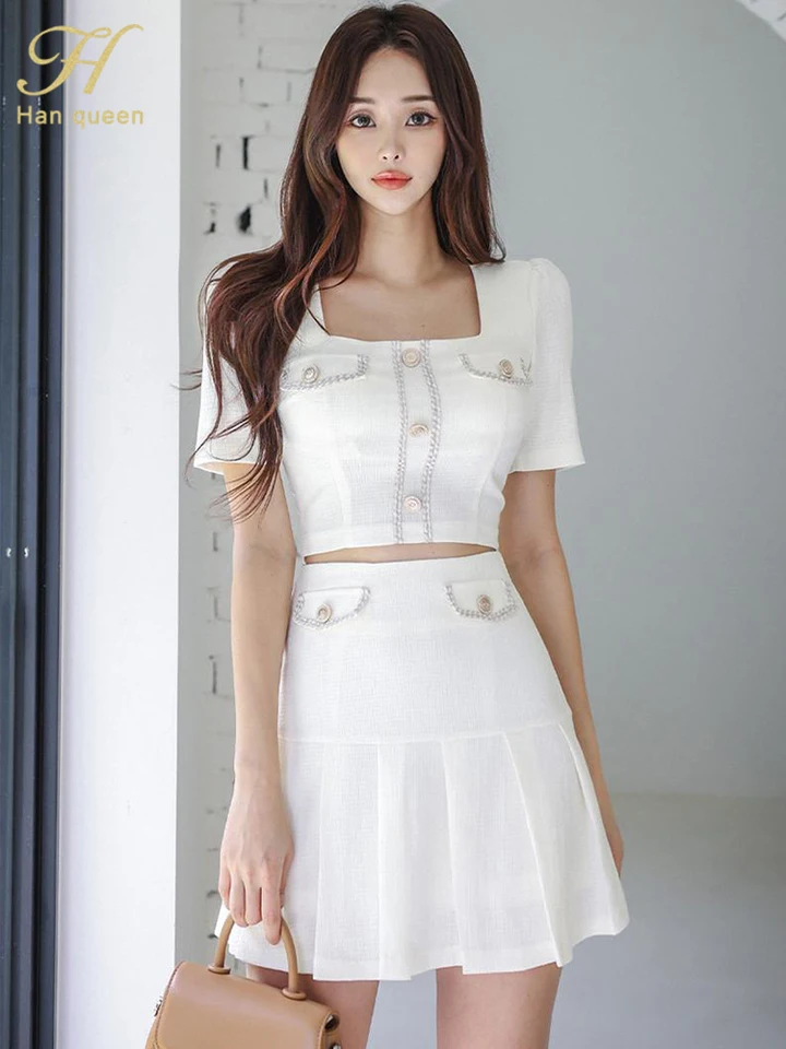 H Han Queen Summer Nové dvojdielne súpravy módne gombíky Krátke top +elegantná skladacia sukňa sukne Príležitostná sukňa