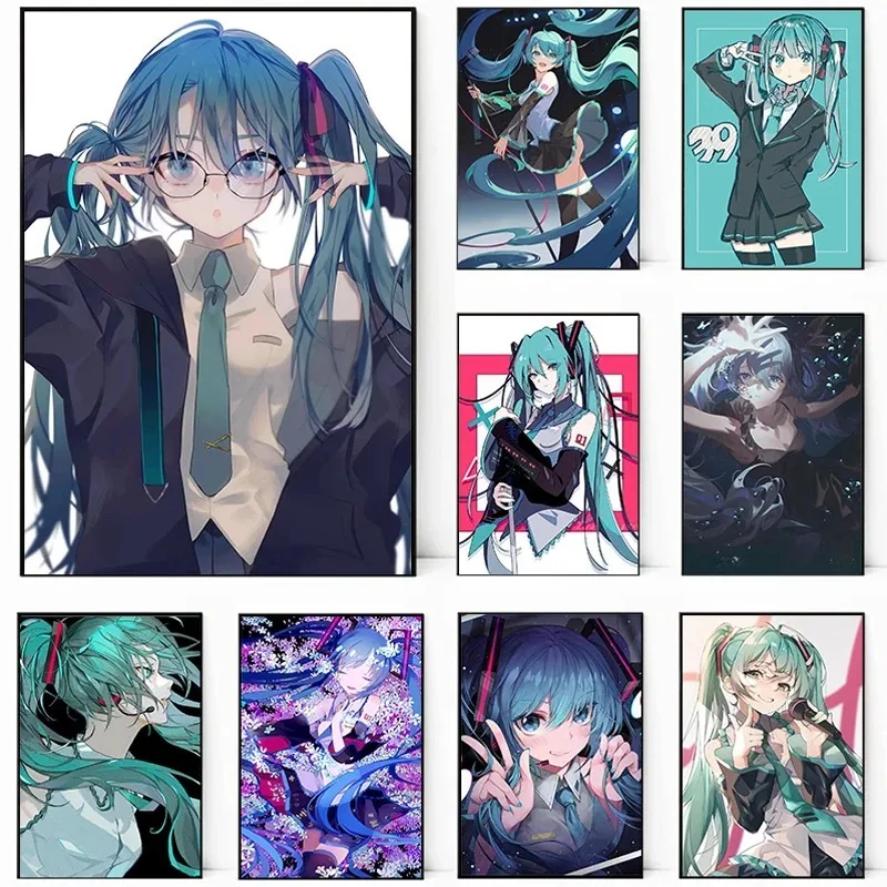 H-Hatsune Anime Miku plagát karikatúra Krásne dievča Anime Canvas Tlač plagátu plagát na stenu dekorácie pre domácu izbu dekorácie