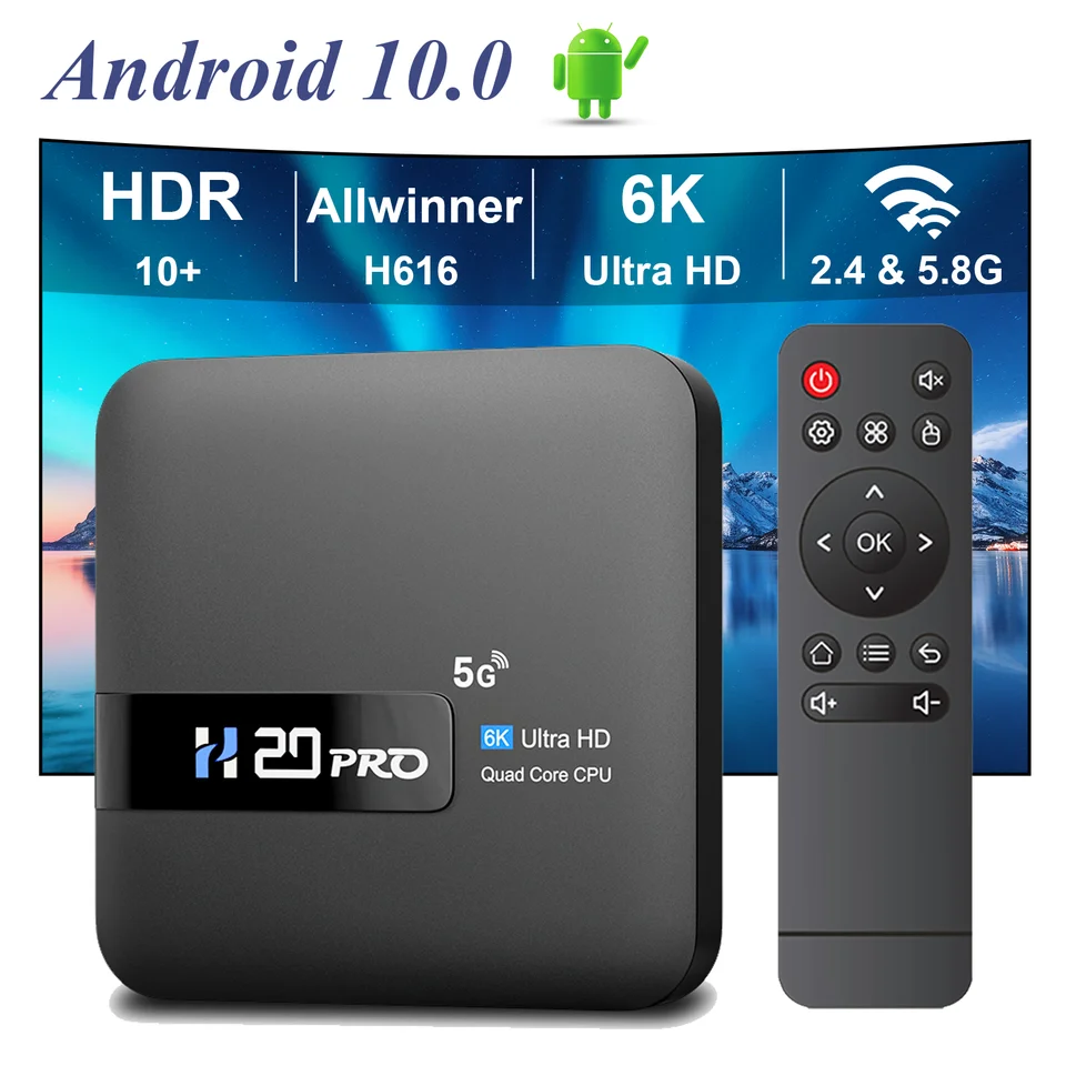 H20Pro Android 10 TV box Allwinner H618 Dual WiFi Quad Core 1080p Video TV box