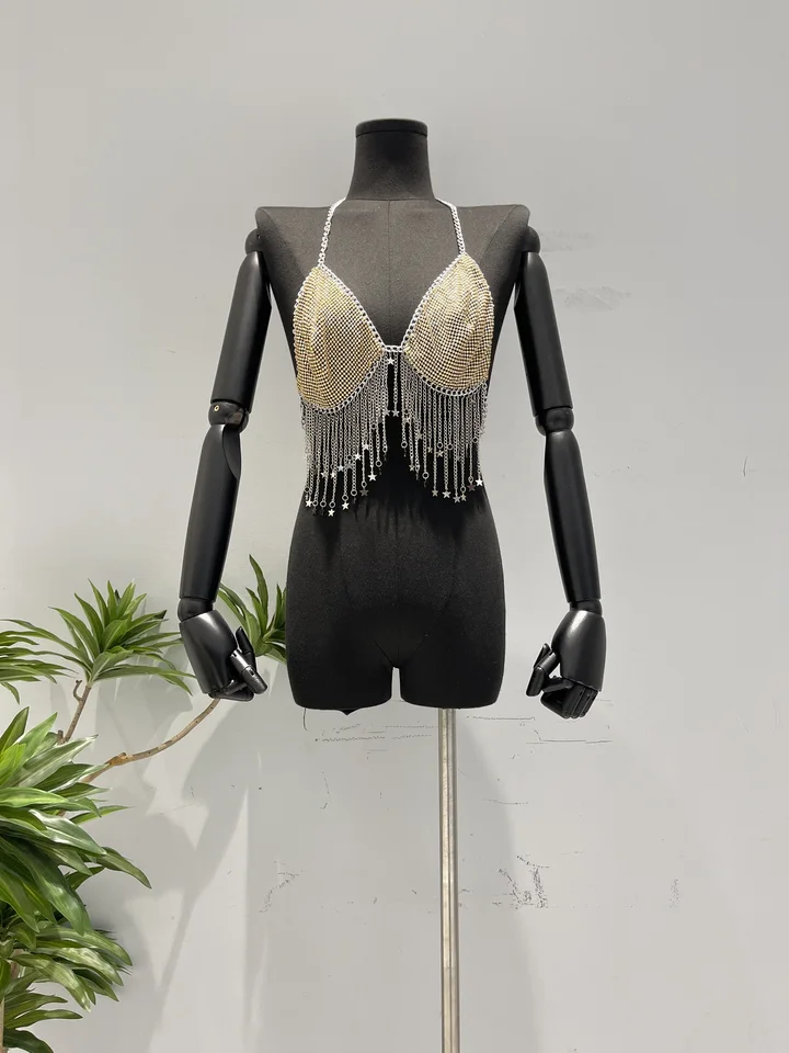 H80 & S90 Nové ženy kamienok Fringer Fringer Sexy backless V-krk halter camisole rave festival tank Top Diamond Bra Swim Beachwear