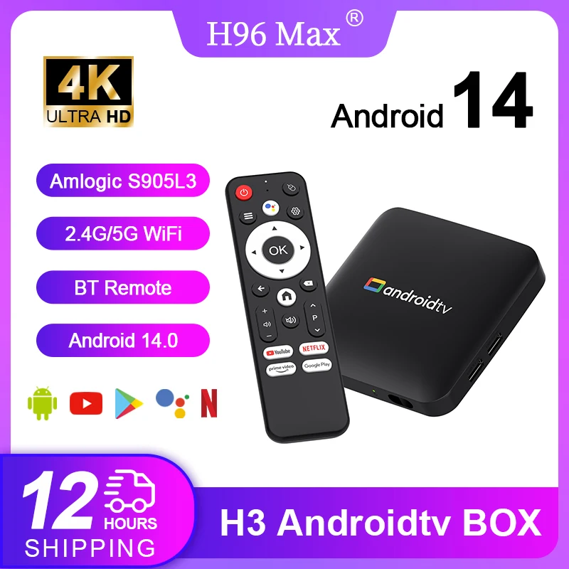 H96 Max Amlogic S905L3 Androidtv 14.0 TV box 4K Video Decording 2.4g/5g WiFi BT4.0+ Home Google Voice Assistant Home Set Top Box