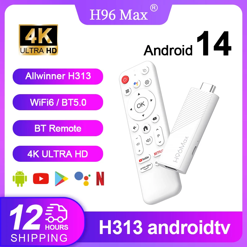 H96 Max H313 Mini TV Stick Android14 Quad Core WiFi6 BT5.0 4K@60FPS ATV Launcher Google Assistant Media Player Player AI TV Stick