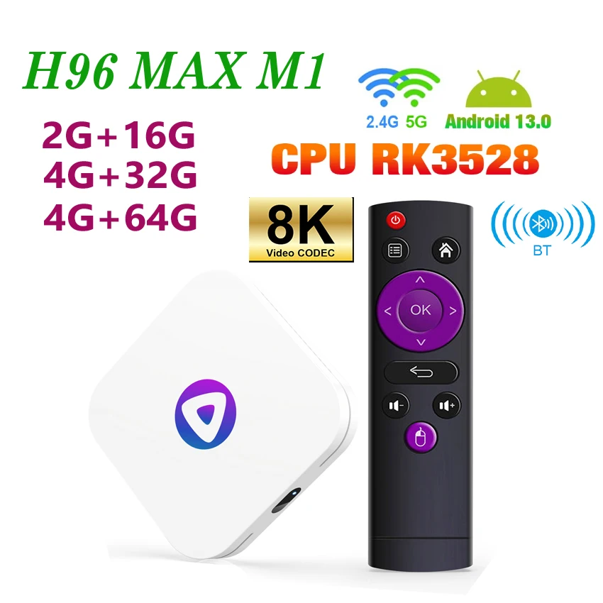 H96 Max M1 Android 13 TV Box RK3528 64GB 32GB 16GB 2,4G 5G WiFi BT 5.0 Global Media Player vs X96Q HK1 Rbox T95Z plus plus