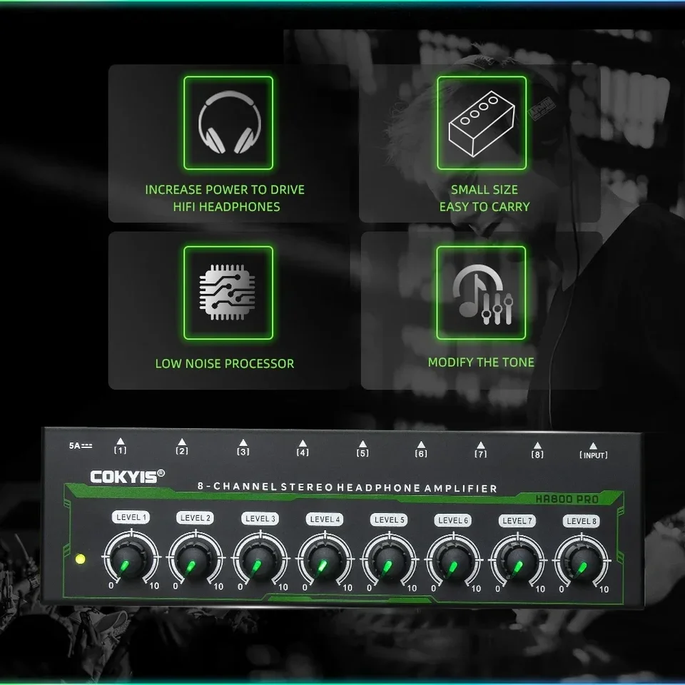 HA800 PRO 8 kanálový zosilňovač pre slúchadlá Audio AMP Ultra-kompaktný stereofónny zvukový zosilňovač s napájacím adaptérom pre hudobný mixér