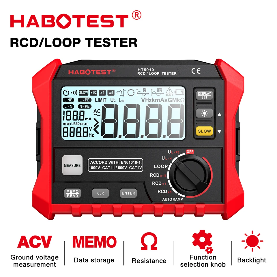 HaboTest HT5910 Tester tester LCD Digitálny odpor RCD/Loop Tester 1000 Storage Voltmeter MegohMmeter