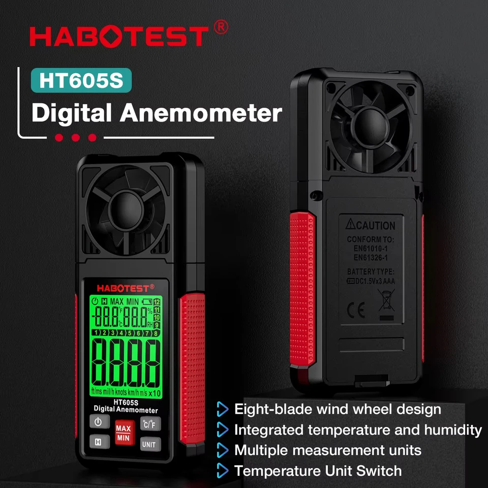 HaboTest HT605S Digitálny anemometer merač vetra s podsvietením LCD LCD SCREET Air Prietok merač pre plachtenie surfovania lietania