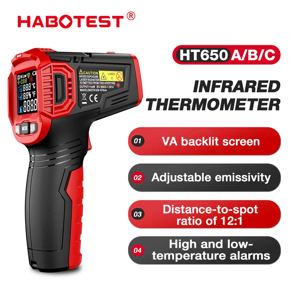 Habotest HT650 Digitálny infračervený laserový teplota nekontaktný priemyselný laserový teplotný merač teploty testera pištole