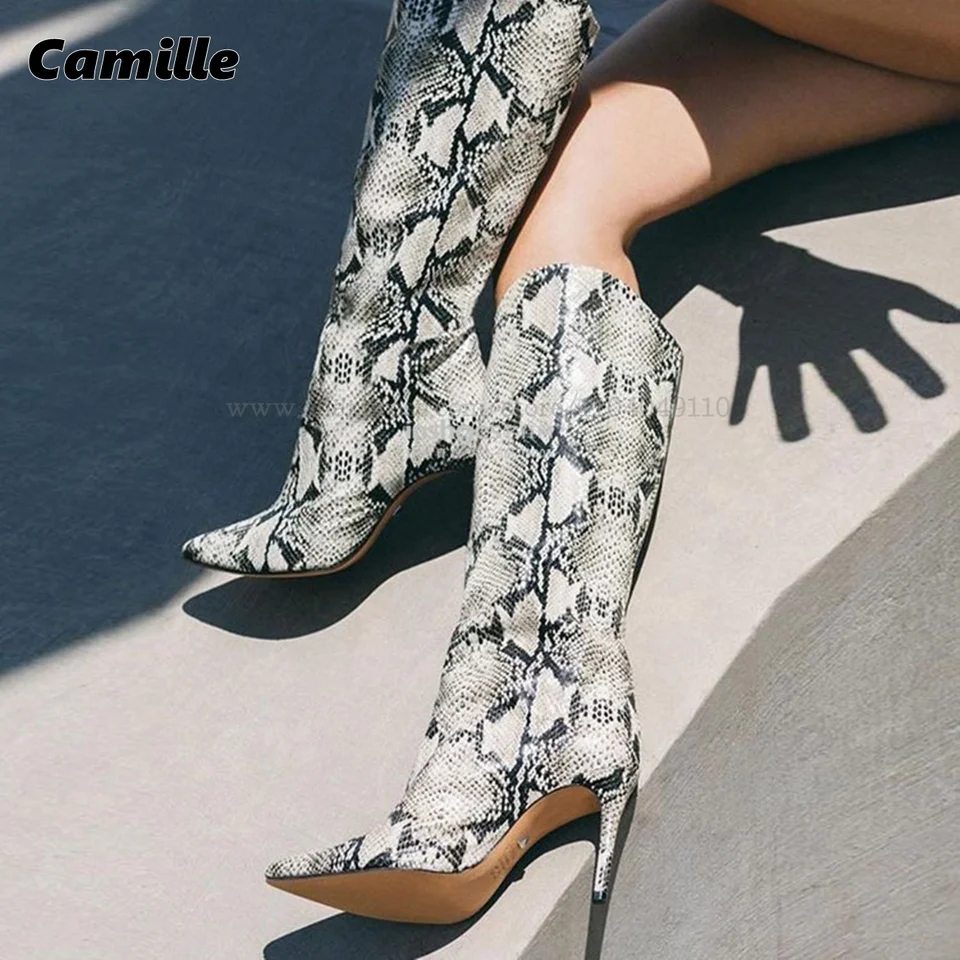 Hadový vzor na strane Zipper koleno vysoké sexy modren topánky špicaté špičky móla Štýl Veľkosť 34-46 Lady Boots Autumn New Match topánky