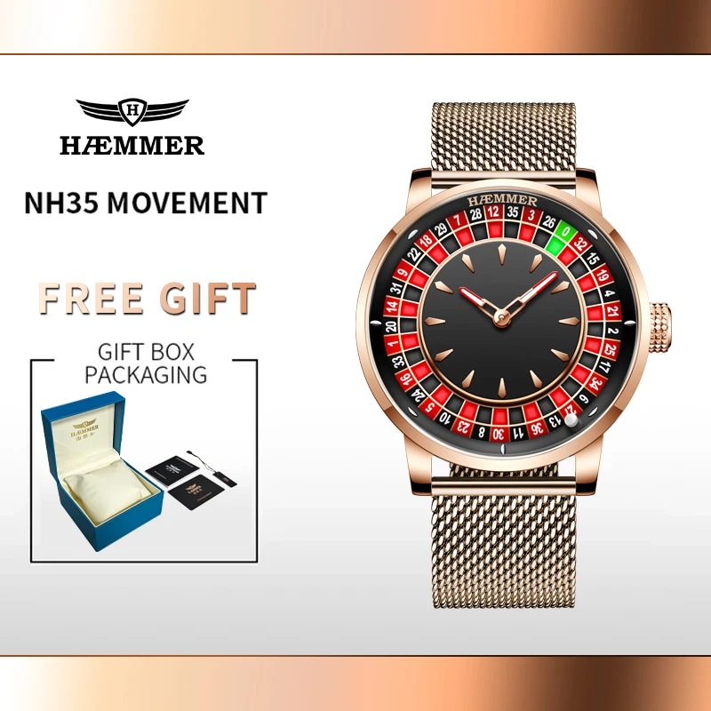 Haemmer High-end Design Nové mechanické hodinky NH35 Rotačný číselník Las Vegas Roulette Desktop téma Pánske svetelné vodotesné hodinky