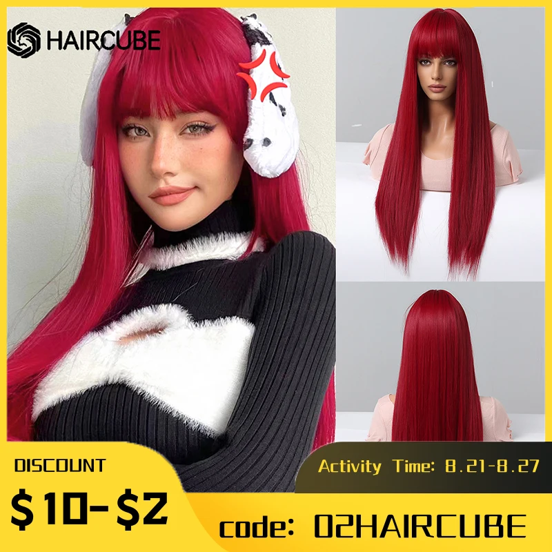 Haircube Wine Red Long Rovné syntetické parochne s ranou pre čierne ženy Cosplay vianočné parochne tepelne odolné prírodné vlasy