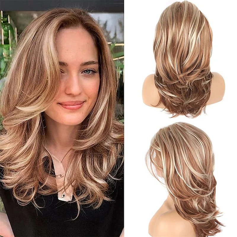 Hairjoy Syntetické vlasy dlhé blondínky vrstvené parochne pre ženy zvlnené so zvýrazneným tepelne odolným z vlákniny