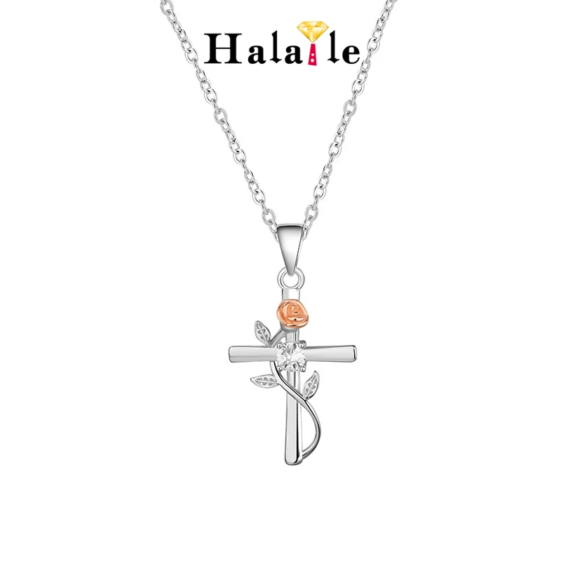 Halane S925 Sterling Silver Vysoký uhlíkový diamant zirkón ružový kríž prívesok Náhrdelník kaskáre šperky dám