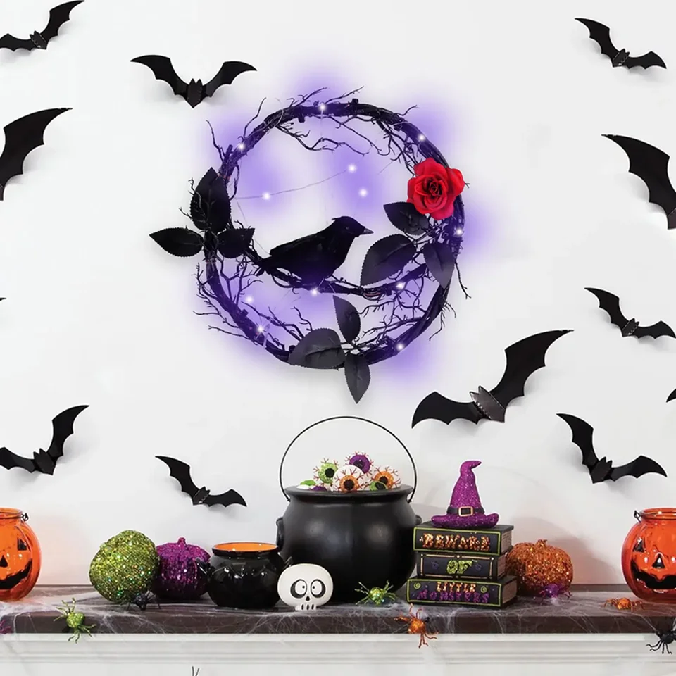 Halloween Branch Branch Led Spooky Halloween Black Crow Rattan Veniec so svetlami a umelý červený veniec prednej ruže