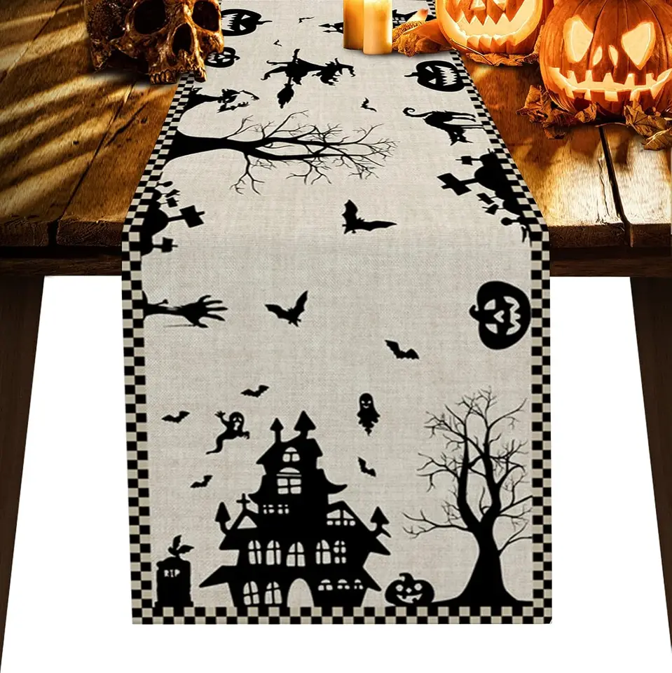Halloween Castle Pumpkins a Grave Black Plaid Linen Table Runners Svadobné dekorácie umývateľné jedáleň Runners Party Supplies