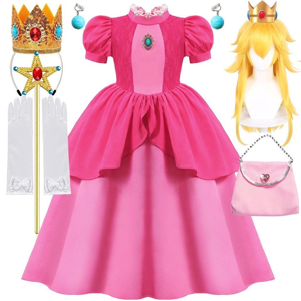 Halloween Cosplay Game Film Princess Peach Dress for Girls Vianoce karnevalové javisko Performace narodeninová oslava kostým