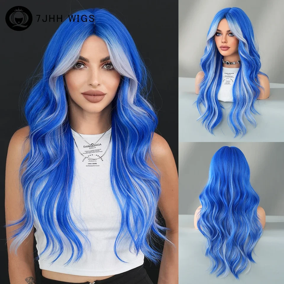 Halloween Cosplay parochňa syntetická vlna tela modrá Zvýrazná biela parochňa pre ženy Party voľné vlasové parochň