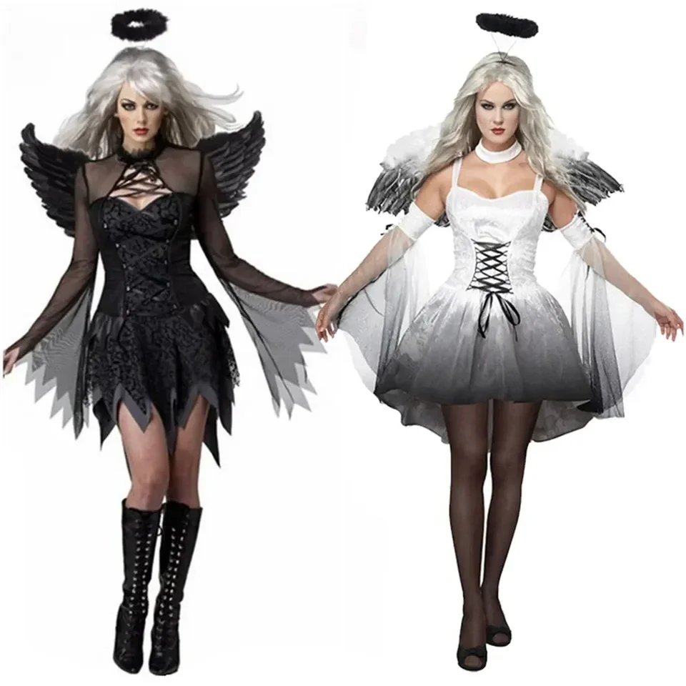 Halloween Dark Fallen Angel a White Angel Cosplay kostým Carnival Party Women Sexy mini šaty s halo a krídlami