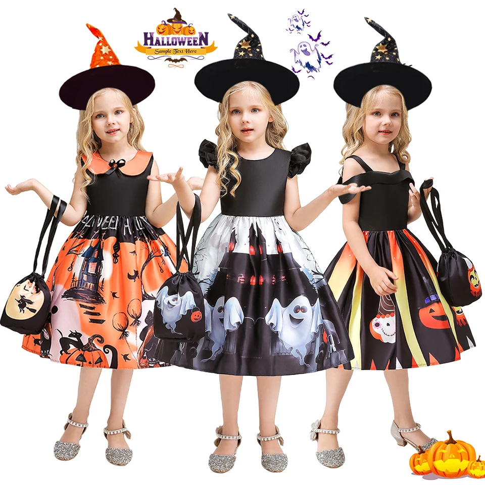 Halloween deti kostým deti čarodejnica Cosplay kostým dievča Ghost Pumpkin Print Dress Kids Carnival Party Fancy Dress Up