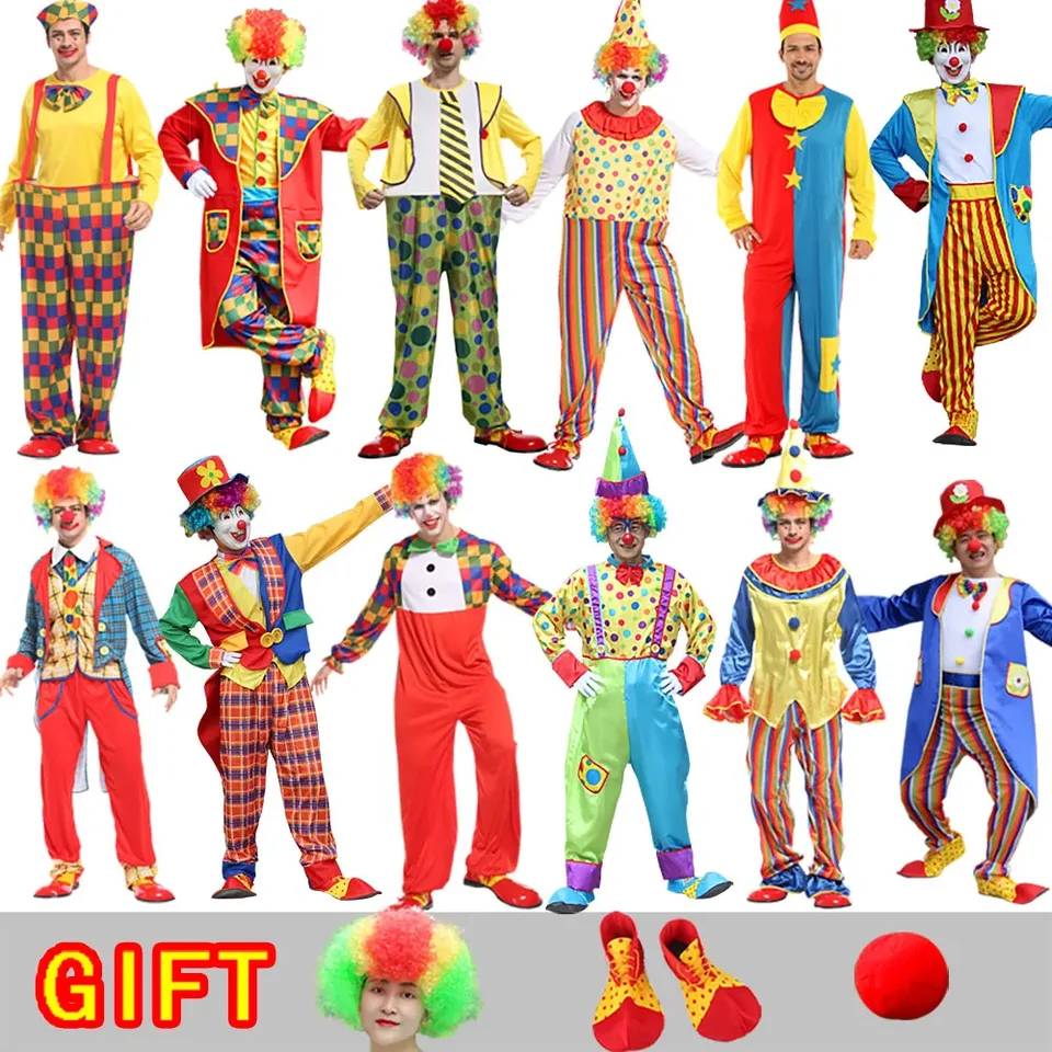 Halloween Dospelý vtipný cirkus klaun cosplay kostýmy klobúk Muž Ženy Joker kombinézy Cosplay vianočné karnevalové šaty šaty bez parochne