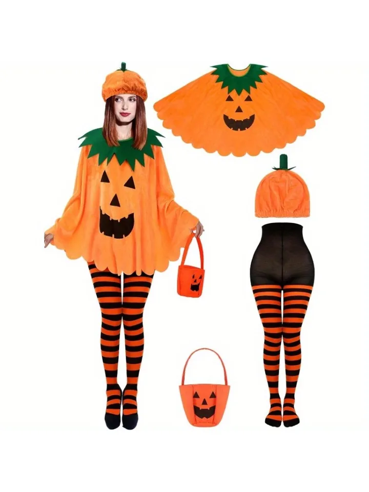 Halloween dospelých tekvicových kostýmov sada tekvicových mys s goodie taškou zábava klobúk pruhované pančucháče dám