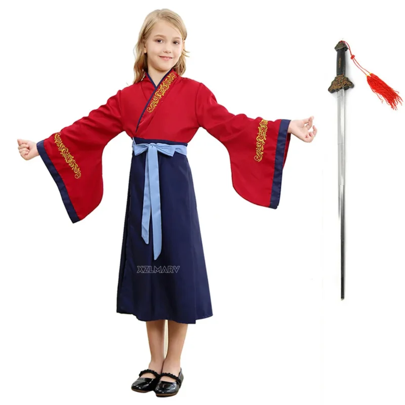 Halloween Girls Hua Mulan kostým s mečmi deti roztomilé dievča princezná cosplay mulan šaty deti čínske tradičné oblečenie