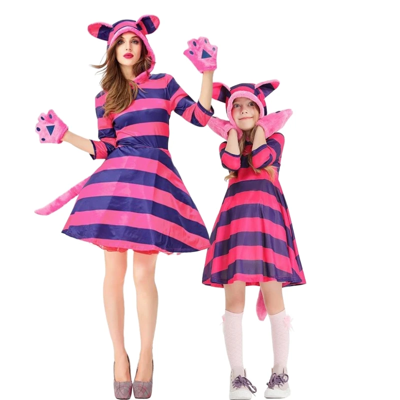 Halloween kostým Purple pruhovaný Cheshire mačka roztomilý paw rola hra pre dospelé deti Karnevalová párty sada kostýmy rodič-dieťa oblečenie