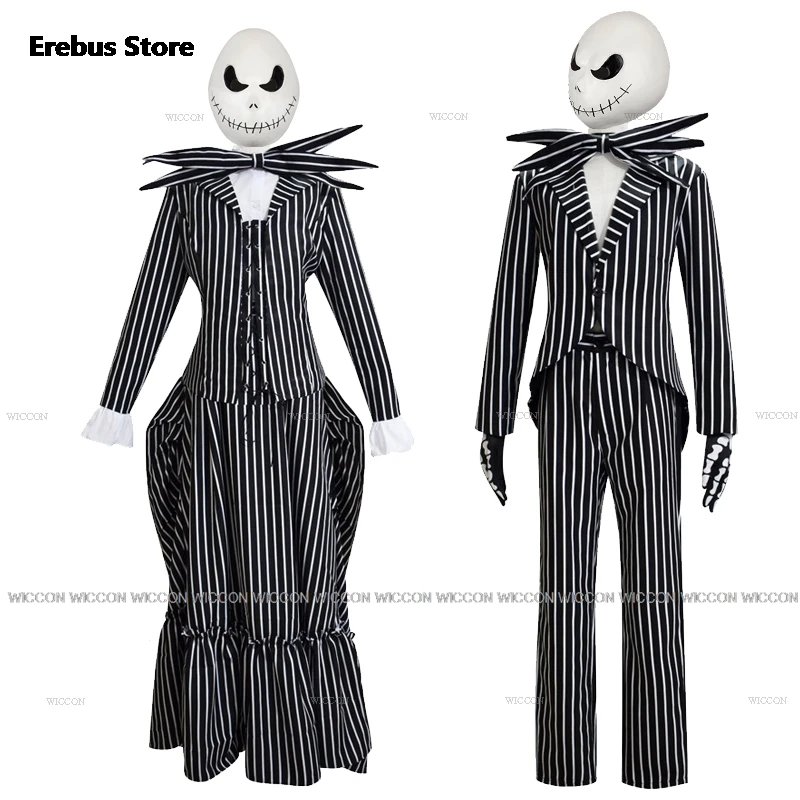Halloween Nightmare Women Cosplay kostým masky šaty Men Pár Vianocový jack pruhovaný oblek nohavice sukňa lebka strana strašidelný film