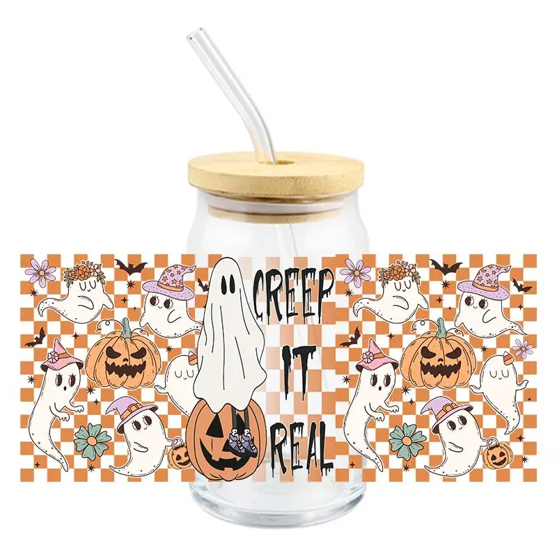Halloween Pumpkin Ghost 3D Transfer Sticker pre 16oz Libbey Glass UV DTF poháre nálepky na nálepky