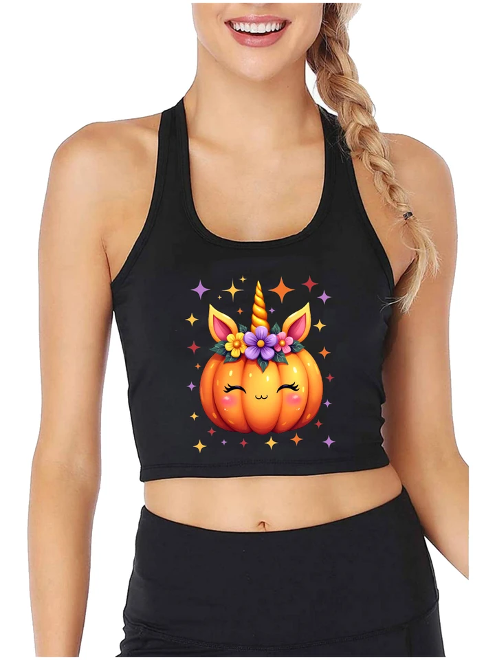 Halloween Pumpkin Unicorn Design Crop Top Girl's Spooky Season Funny Tank top roztomilý tekvica s úsmevom