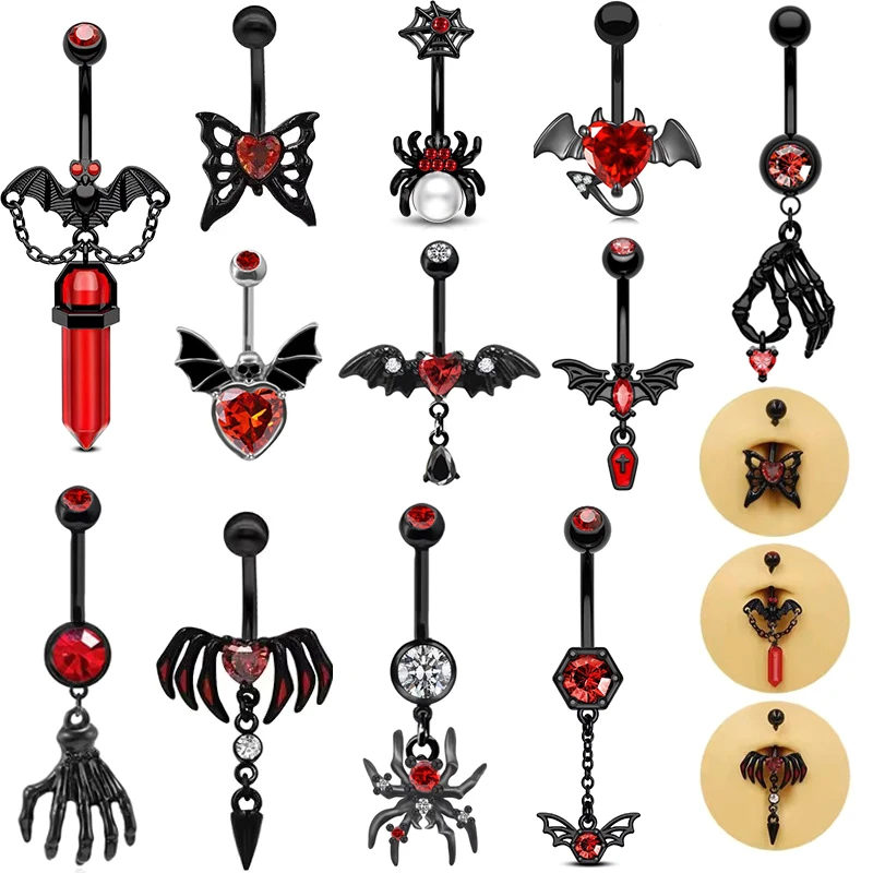 Halloween punk brušné gombíky pre ženy dievčatá Prispôsobené gotické netopiere lebka srdca pupka tela tela piercing šperky darčeky