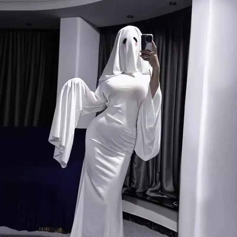 Halloween roztomilý ženský duchovný cosplay kostým strašidelný tvár Cape Scream Costume Dospelé ozdobné šaty maska ​​dievča Halloween Cosplay kostým