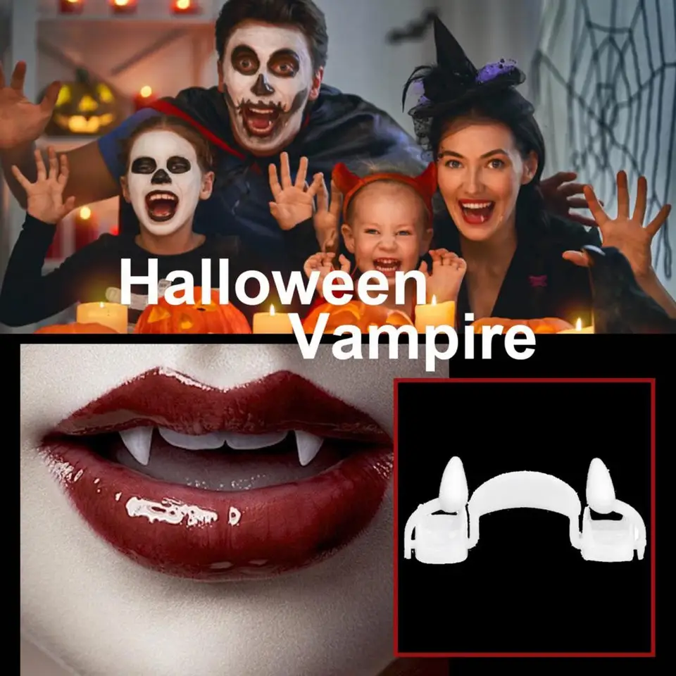 Halloween upíri zuby strašidelné opakovane použiteľné silné vizuálne účinok stiahnuteľný teleskofický dlhý ostrý horor False zuby na festival