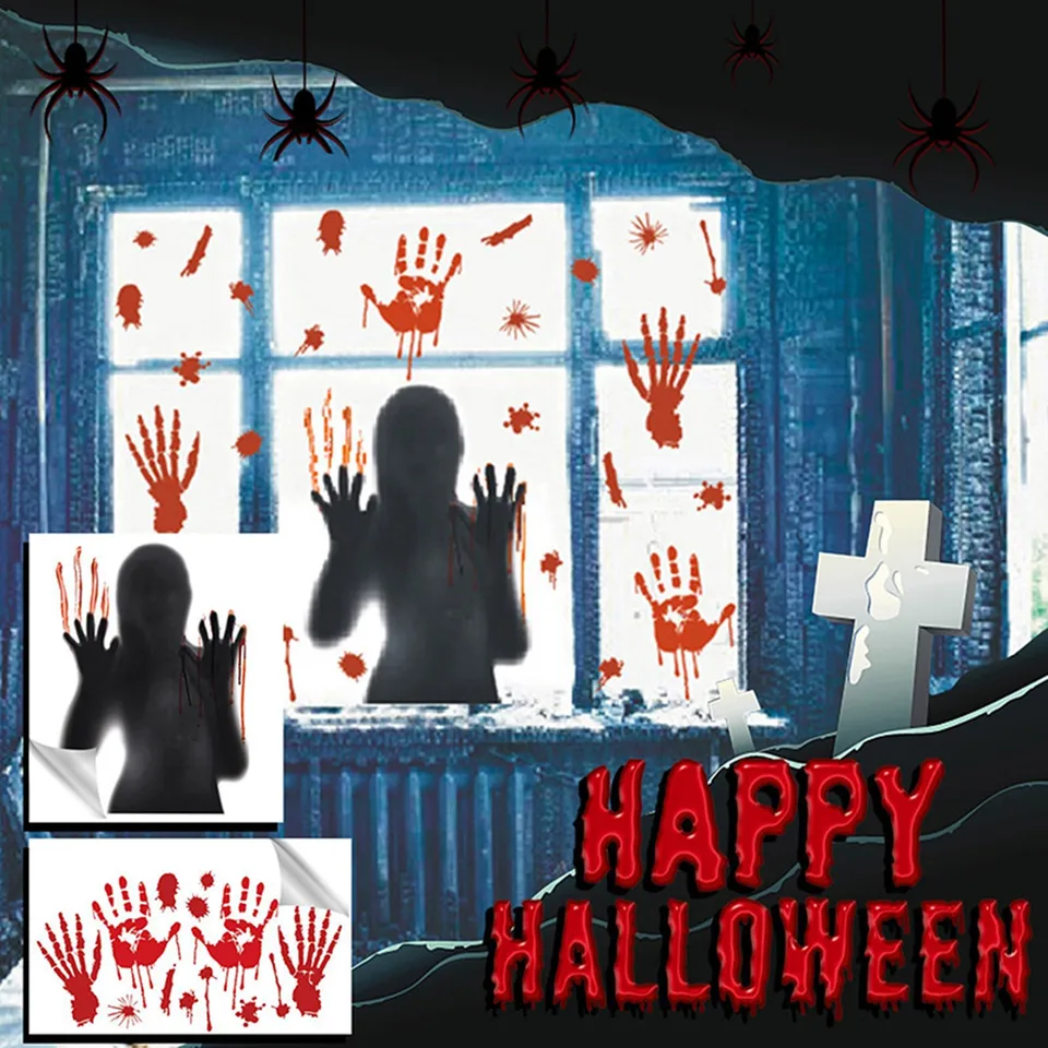 Halloween voyeurs krvné prsty odtlačky prstov stena slepka 3D Halloween Sticker Self Adhesive Blood Footsprints okenné sklenené nálepka