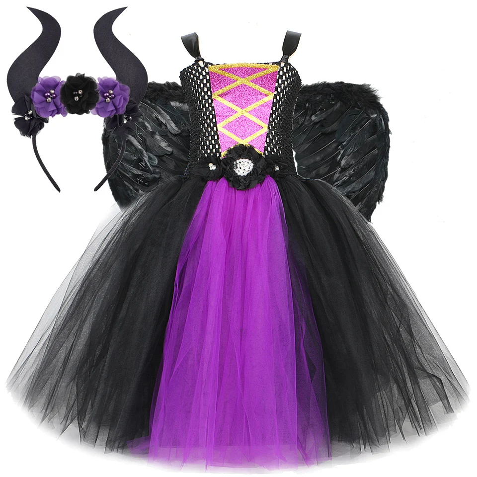 Halloween čarodejnícke kostýmy pre dievčatá Maléfence dlhé tutu šaty s periami krídlami DEMON ANGEL ANGLE KARNIVE KARNIVE