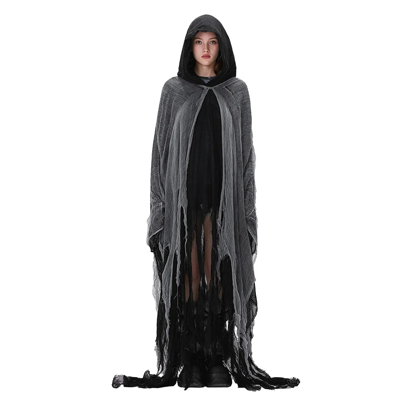 Halloween čarodejnícke plášť s kapucňou prehnanou roztrhanou Grim Reaper Cape Cosplay propy