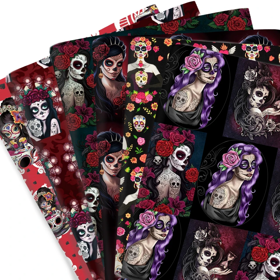 Halloweenská kostra lebka kvetinové dievča polyester alebo 100% čistý bavlnený materiál patchwork šijacie tkaniny prešívané vyšívanie DIY tkanina