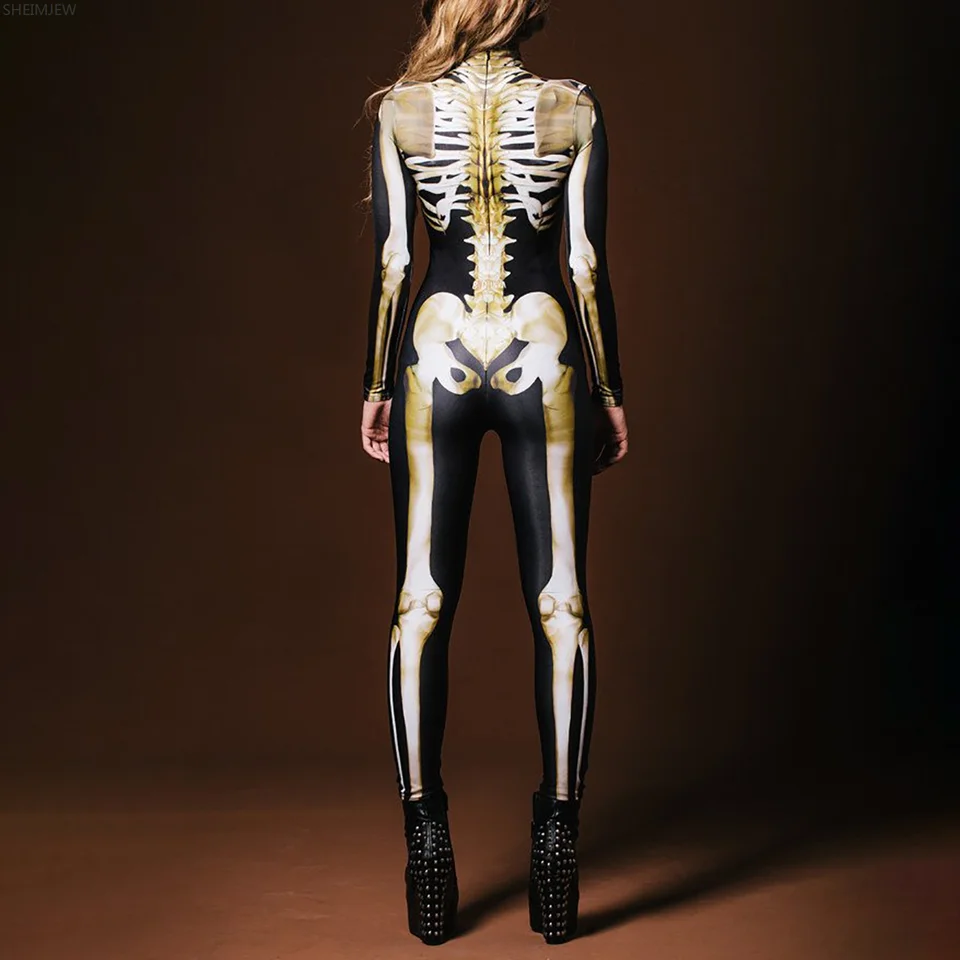 Halloweenská párty kombinéza celého tela tela BodySuit Ženy Vysoký golier simulácia lebka Rám Tlačený zips Zentai Suit Rave Outfits Nové