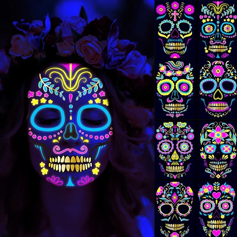 Halloweenská tvár tetovacia nálepka vtipné fluorescenčné nálepky na tvár Deň mŕtvych nálepiek na nálepky Halloween Accessories