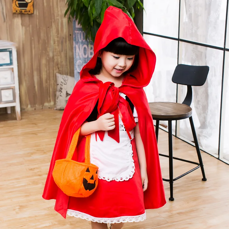 Halloweenské deti predstavenia Dievčatá Little Red Riding Hood Kostým princezná šaty zástera plášťová tekvica vrecia vlásenka Cosplay