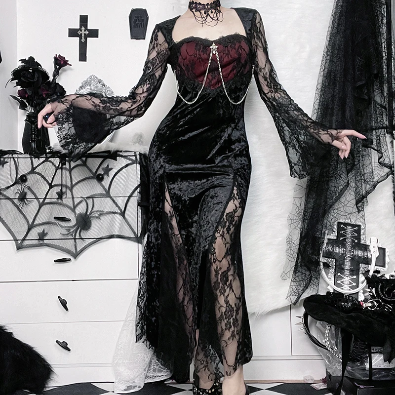 Halloweenské gotické ženy sa obliekajú s dlhými rukávmi šaty s pásom 2023 Nový goth estetic90s Egirl Sexy Slim Party Club šaty CF22166