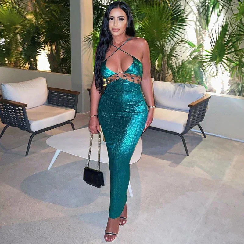 Halter Bling Outfits Shinny Backless Dutlow Out Metal Rings Sexy maxi šaty bez rukávov bez elegantných večerných večierkov sviatok